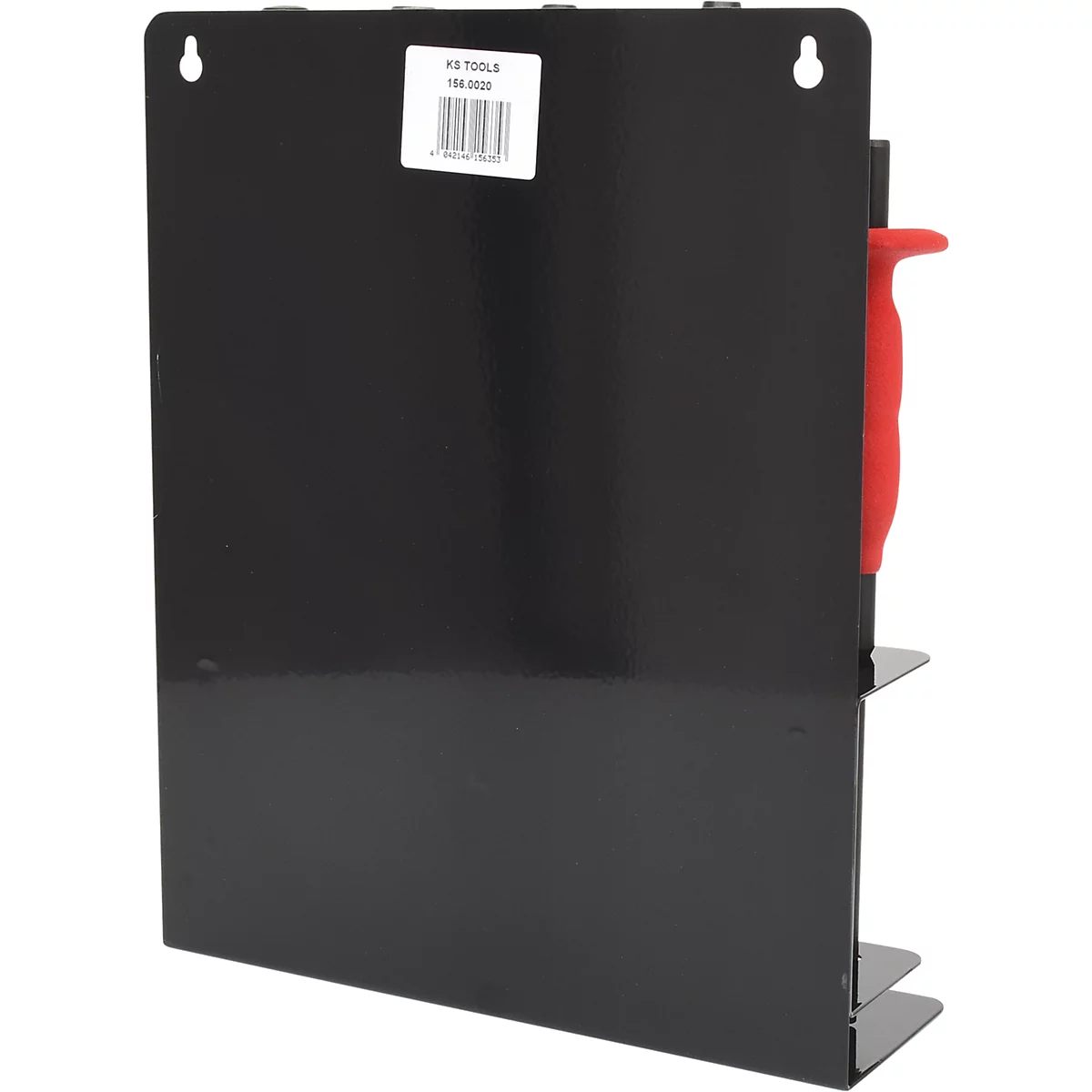 Schwarze Werkzeugwand mit rotem Griff. Aufkleber mit KS TOOLS Logo.